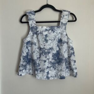 Magnolia Fig Before You Blue White Floral Linen Cotton Wide Strap Tank Top